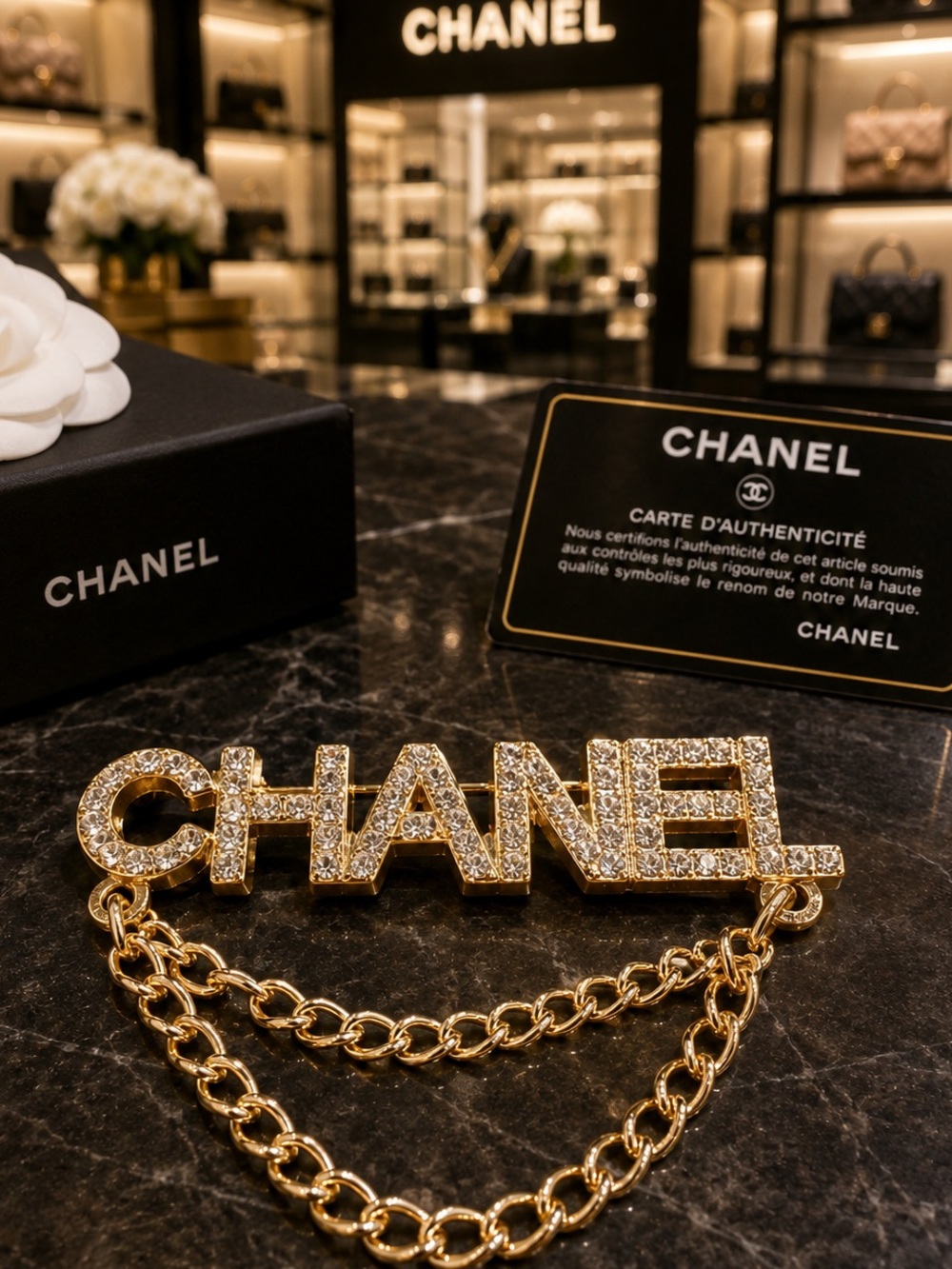 New Chanel-Inspired Crystal Logo Brooch Pin | Gold Chain Statement Glam Luxury